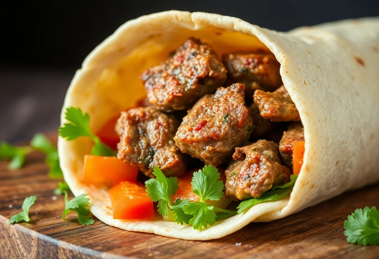 A close-up of a delicious Turkish lamb wrap with fresh vegetables.