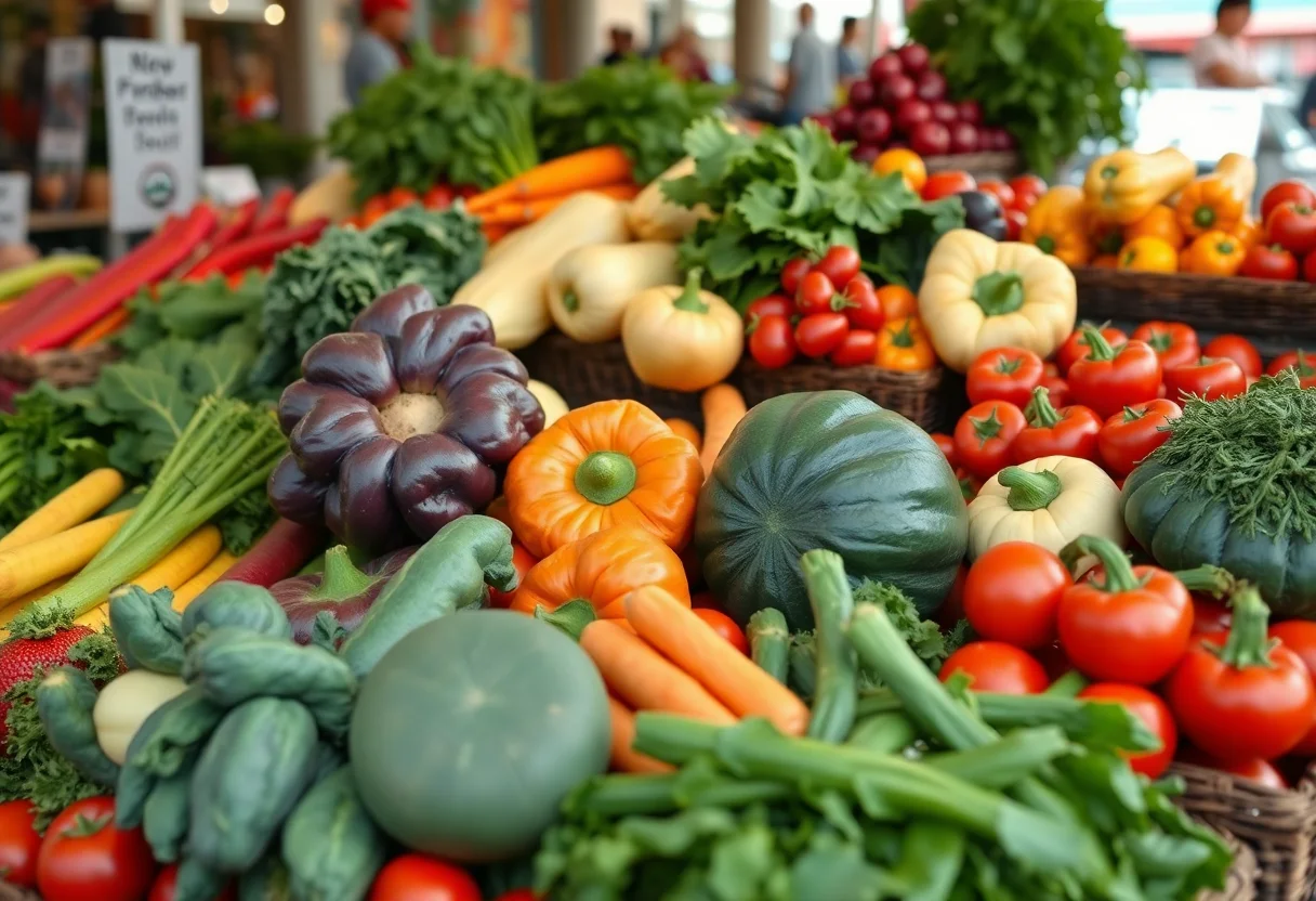 A colorful display of fresh organic vegetables at a local farmers market.