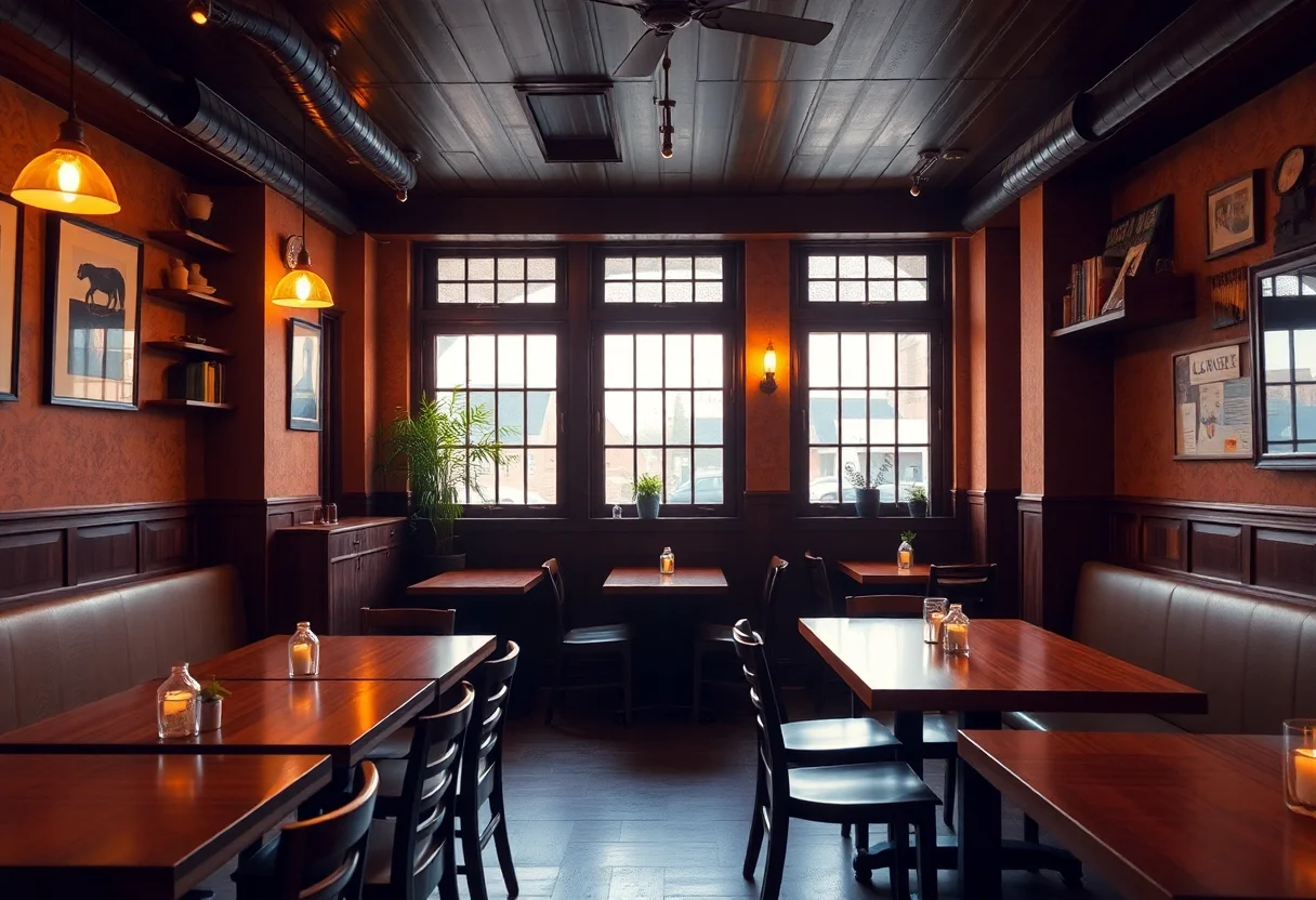 A cozy restaurant interior with warm lighting and wooden tables