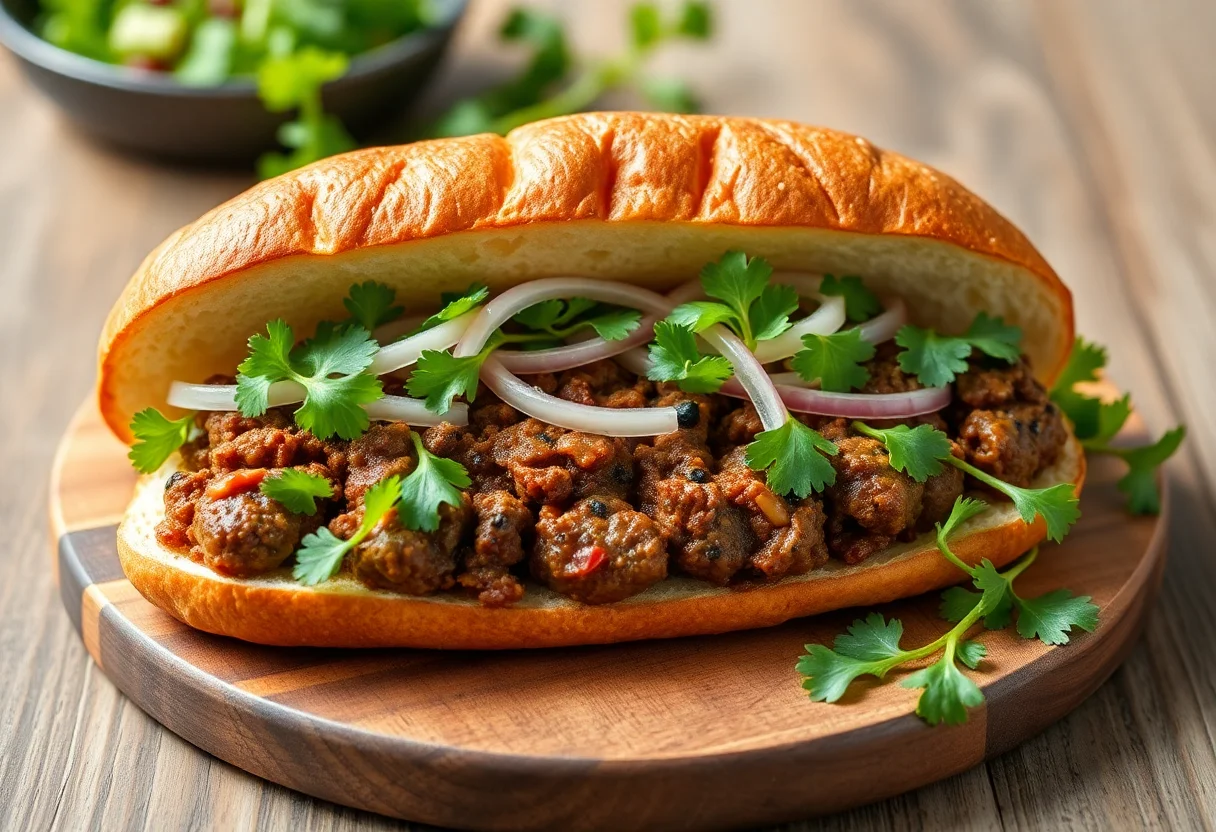 A gourmet Turkish kofte sandwich with fresh greens on a wooden board.