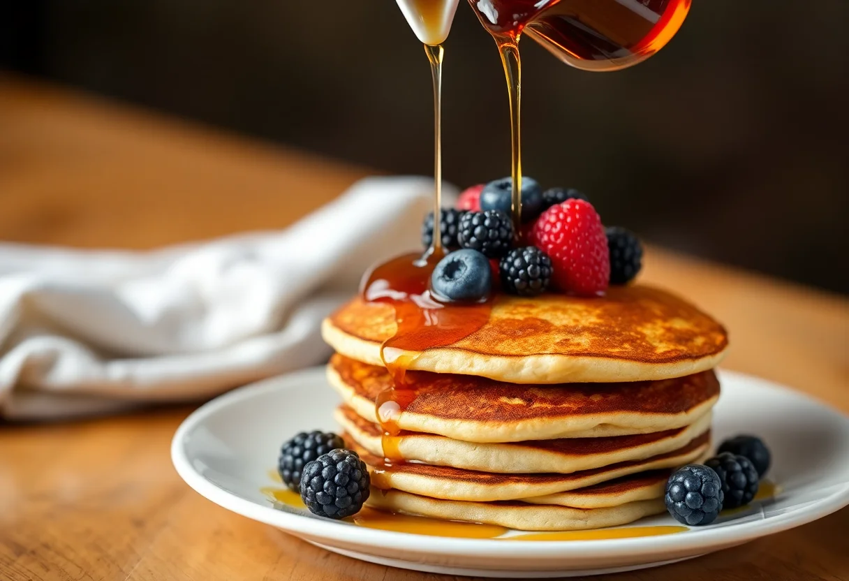 A stack of delicious pancakes with fresh berries and syrup being poured over them, representing a gourmet food order.