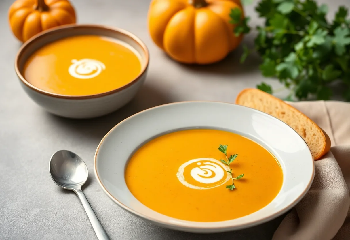 A vibrant plate of pumpkin and chestnut soup