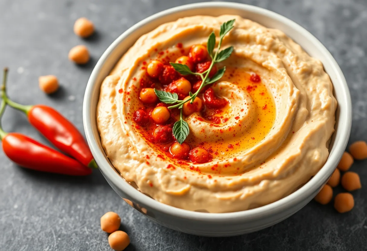 Creamy hummus with paprika and chickpeas