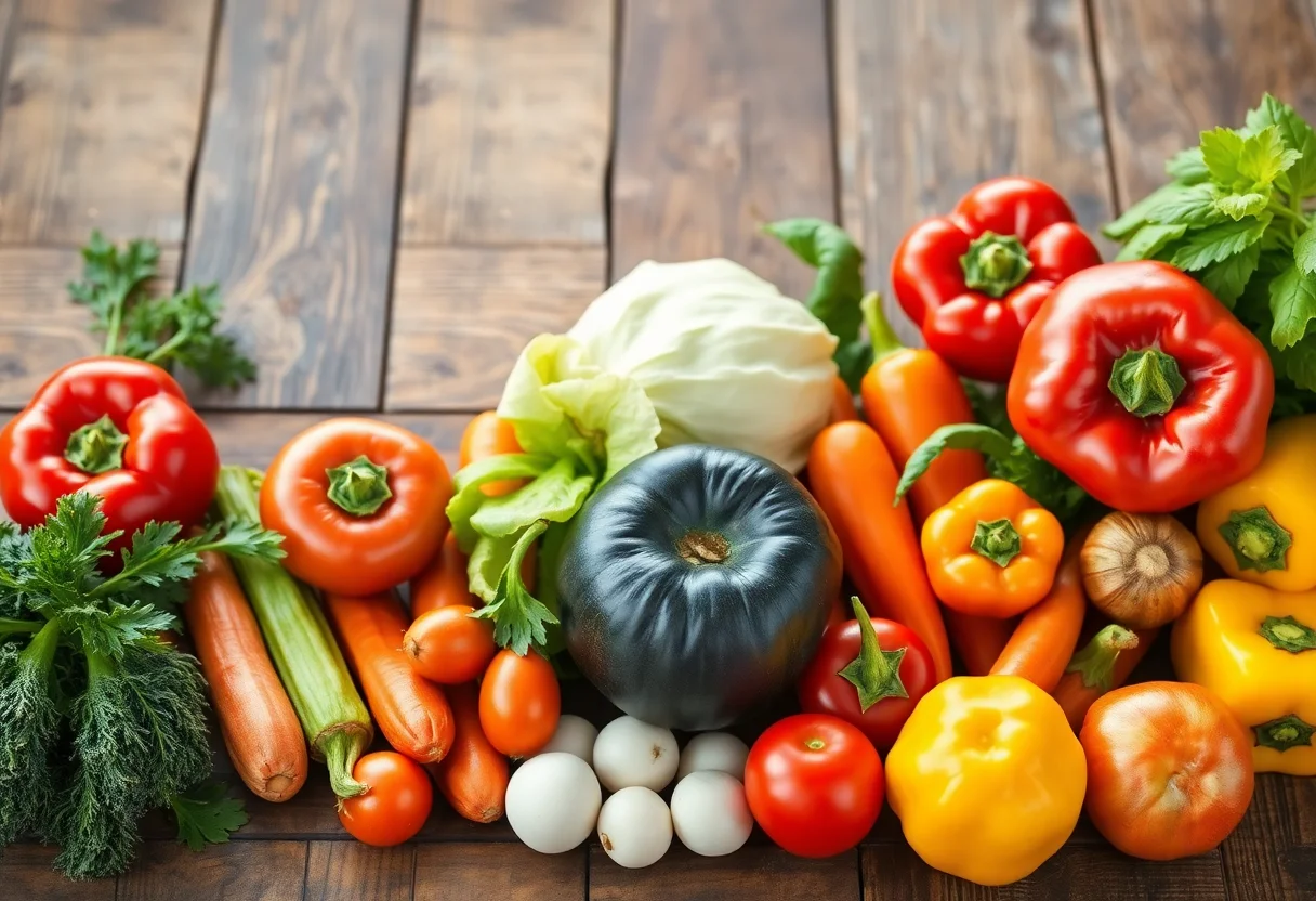 Fresh seasonal vegetables arranged beautifully on a rustic wooden table