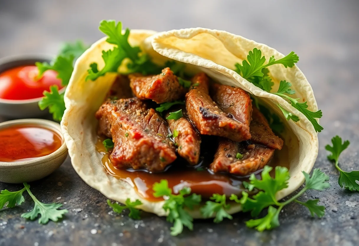 Gourmet beef wrap with fresh greens and sauce