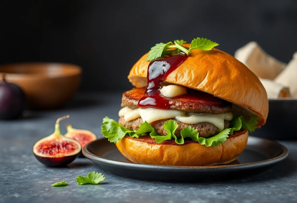 Gourmet burger with fig jam and goat cheese