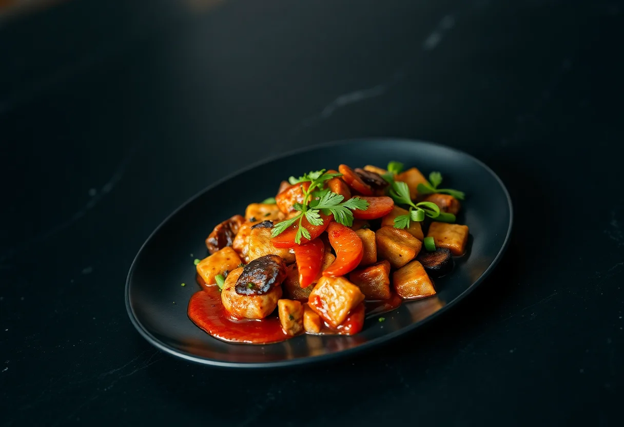 Gourmet Turkish street food dish elegantly plated on a dark surface.