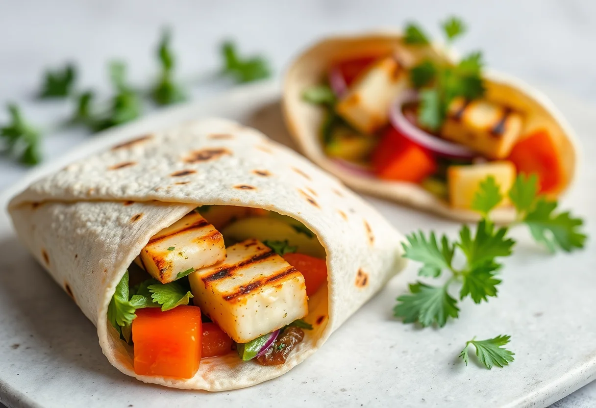 Grilled halloumi wrap with seasonal vegetables and herbs