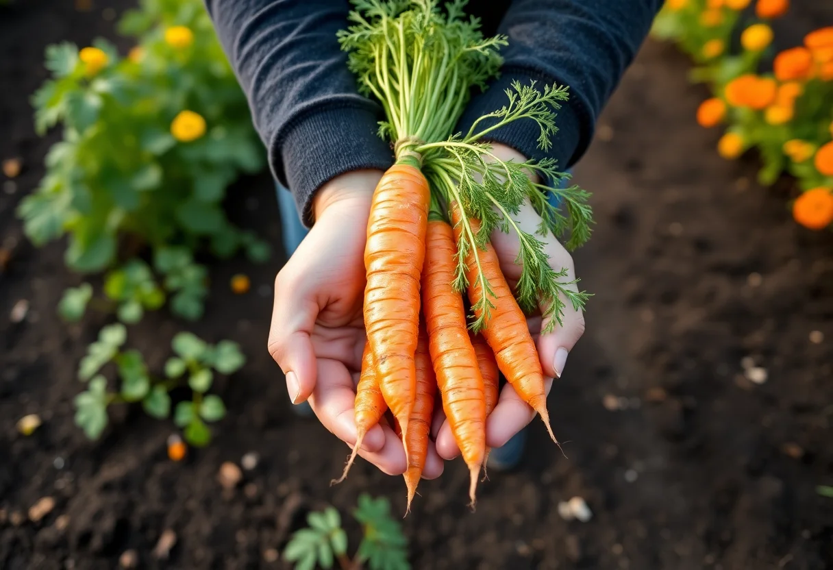 Hands holding fresh organic carrots pulled from the soil in a vibrant garden.