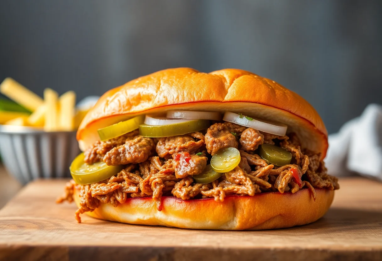 Spicy pulled lamb sandwich with pickles and onions