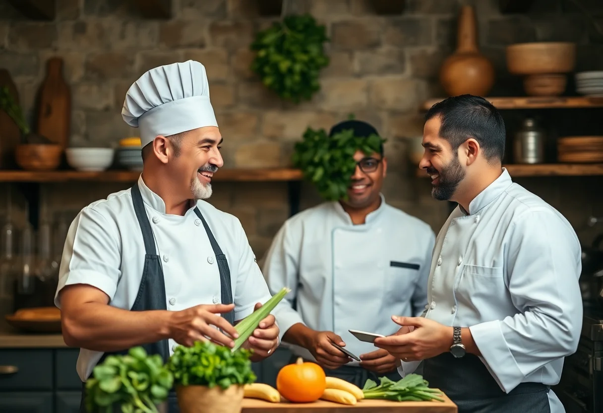 Two passionate chefs discussing fresh ingredients in a rustic kitchen